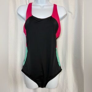 Keautikini black one-piece swimsuit with pink & green trim size Large NWT